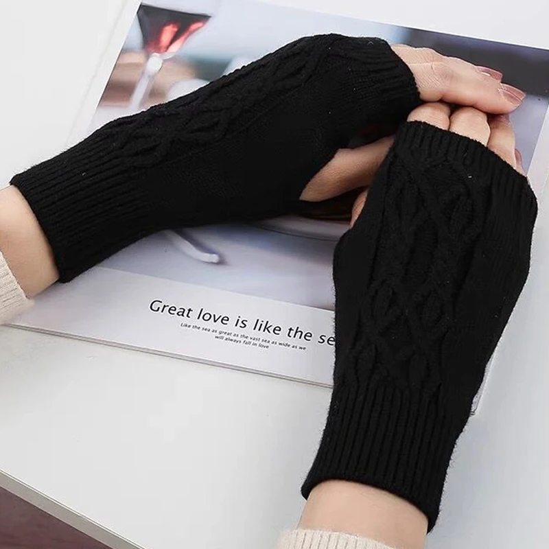 

Knitted Half Finger Wrist Gloves Women Winter Warm Touchscreen Fingerless Arm Cover Long Sleeve Twist Pattern Crochet Mittens