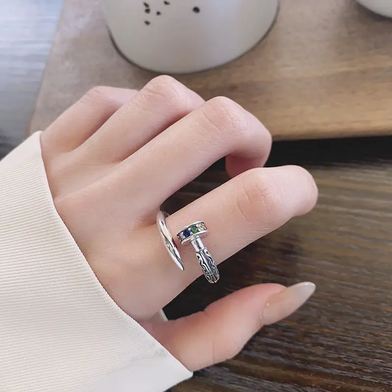 

All-over S925 silver fashion retro dazzling zircon stud ring with punk hip-hop style open design