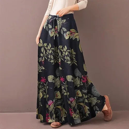 Imagen 2 del producto Pantalones de pierna ancha con estampado Floral para mujer, pantalones bohemios con cordón de primavera, pantalones informales holgados con cintura elástica de talla grande