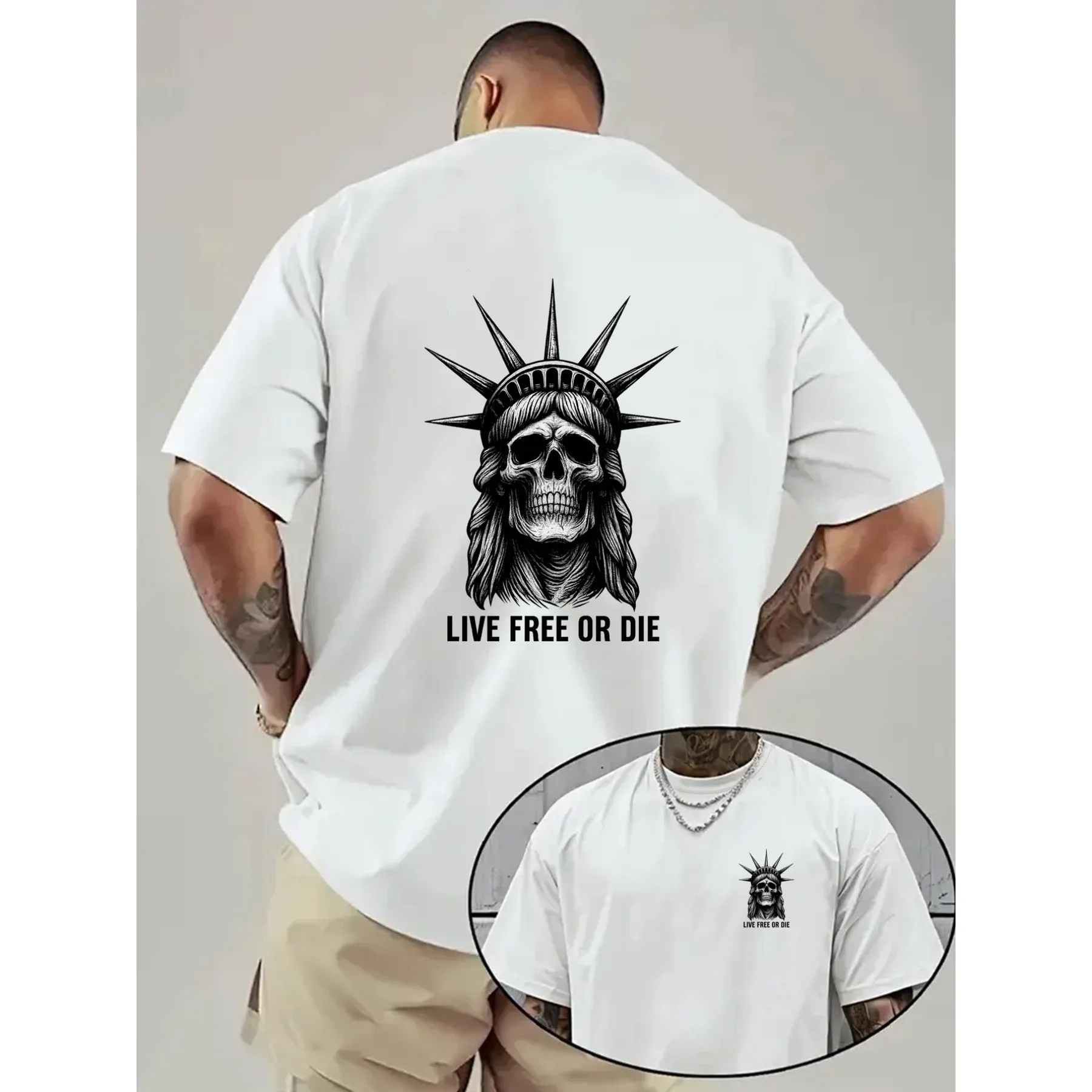 Skull Statue Graphic T-Shirt Men Loose Fit Drop Shoulder Short Sleeve Cotton Tee