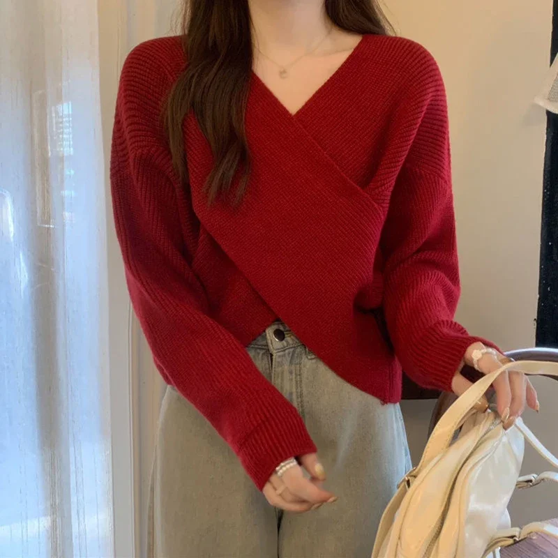 Autumn Elegant Women Loose Sweater Solid Color Knitted Long Sleeve Crossover Design V-Neck Casual Bottoming Shirt Crop Tops