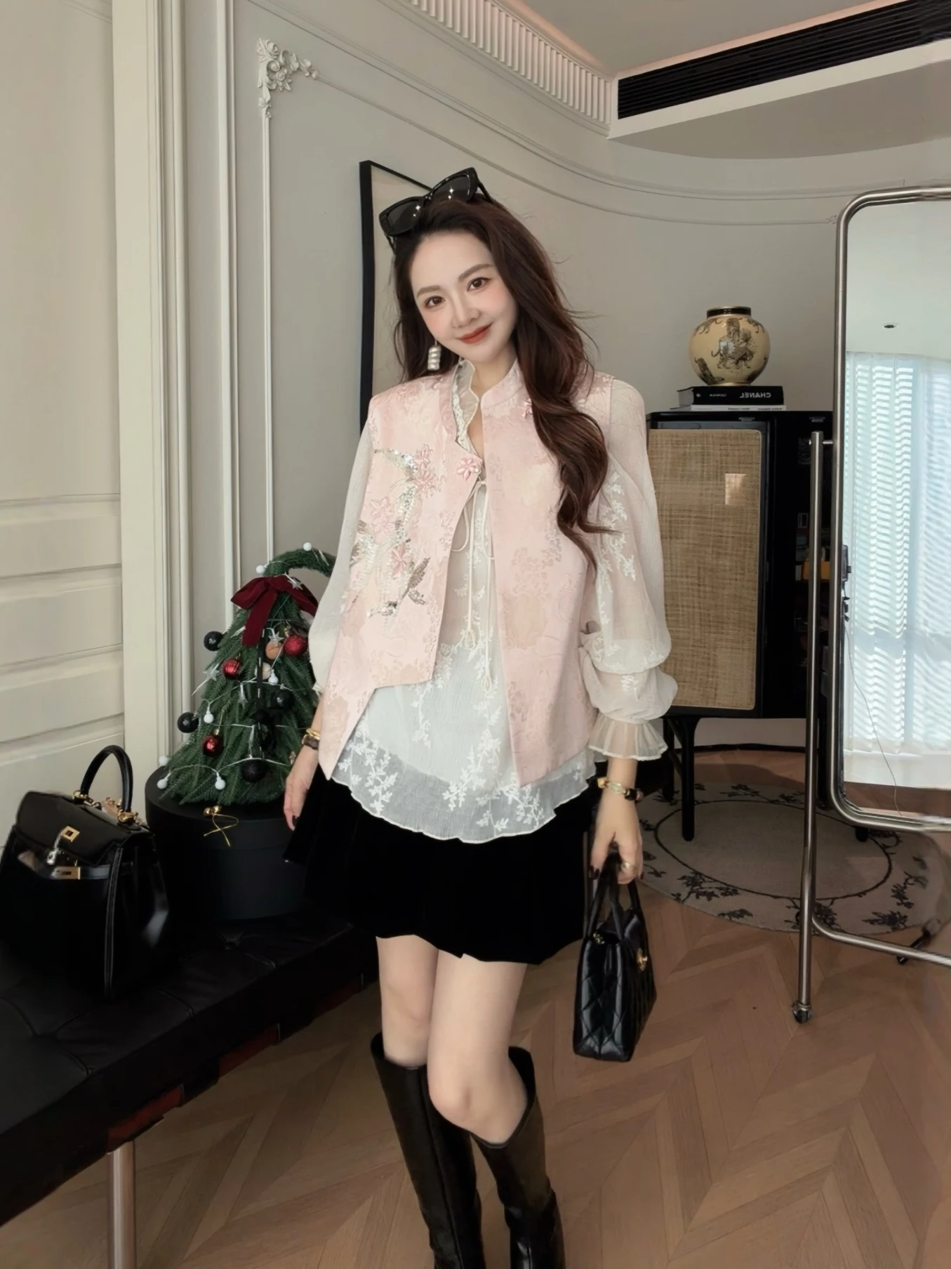 

PINZIKO Premium Feeling Slimming Versatile ort Velvet Flower Bud f-length Skirt Women's Mid-waist A-line Skirt