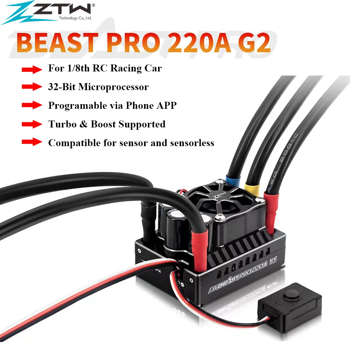 

ZTW 32Bit Beast PRO 220A ESC G2 Sensored Turbo 6V/7.4V BEC 6A Brushless Speed Controller For 1/8 RC Drag Racing Car Buggy Truck