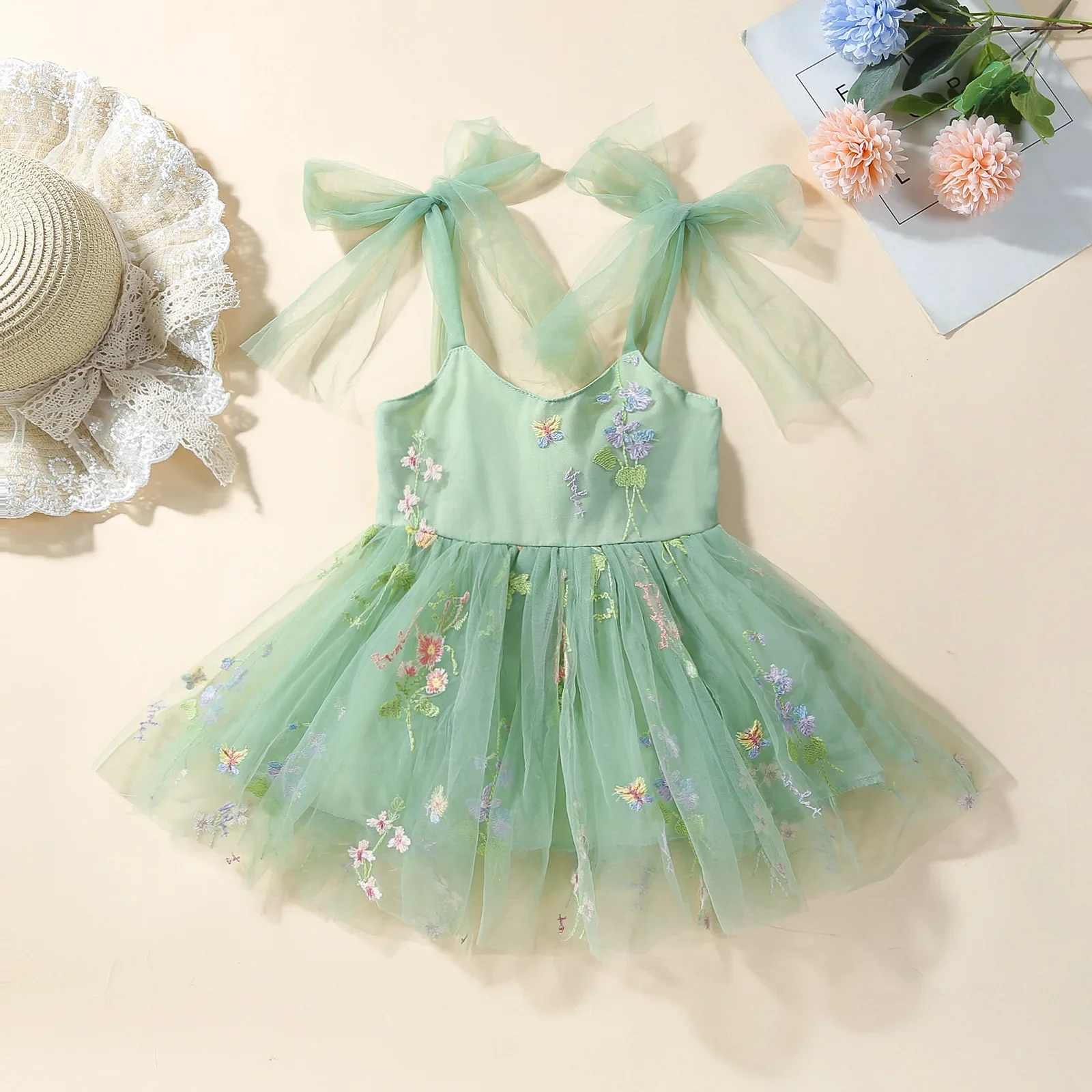 Dresses for Kids Girls Party Elegant Green Floral Skirt With Bow Wedding  New Style Children Birthday Girls Casual Dresses