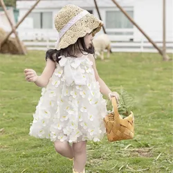 Girls' Dress Summer Children's Wear New Three Dimensional Flower Round Neck Vest Skirt Sweet Solid Color Baby Children's Dress