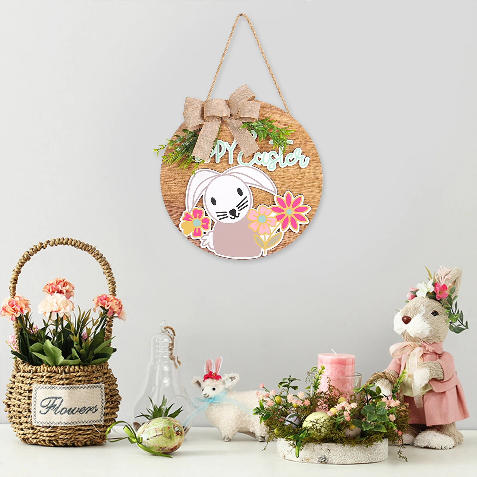 Happy Easter Wooden Board Sign Decoration Round Bow Rabbit Easter Welcome Door Decor Home Yard Spring Easter Wall Decorative