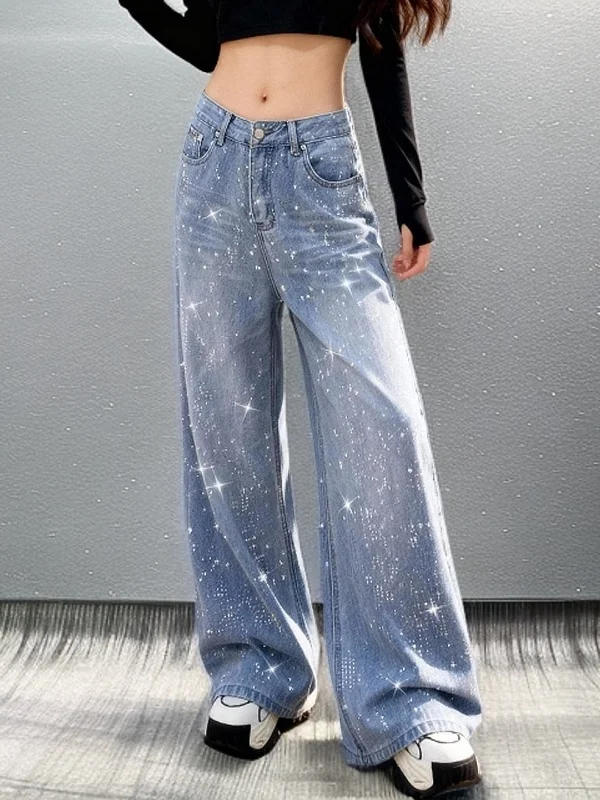 

Spring 2026 High Waist Wide Leg Jeans Women's Loose Straight Floor-Length Diamond-Embellied Casual Trousers