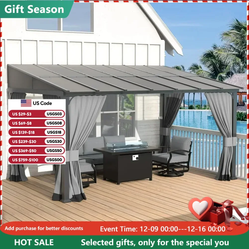 10’ x 14’ Gazebo, Hardtop Lean to Gazebo Canopy Awnings with Sloped Roof and Sturdy Steel Frame, Wall Mount Gazebo Pergola