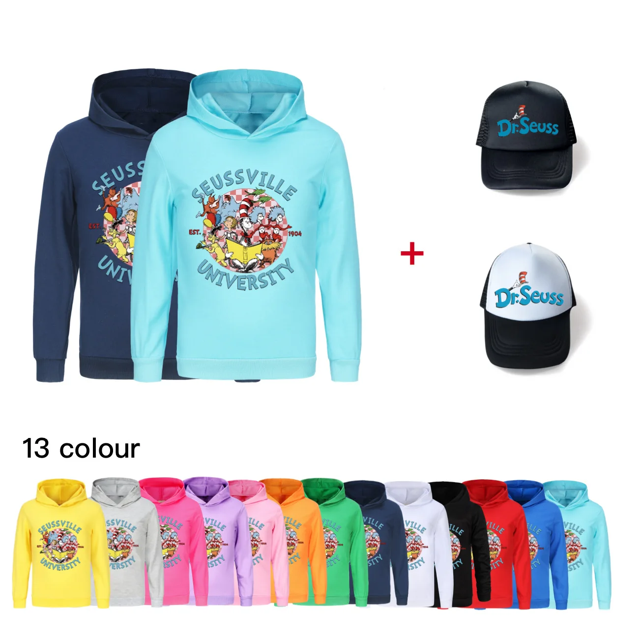 Nueva Sudadera con Capucha de Dibujos Animados de Dr. Seuss para Niñas, Sudadera Informal para Niños, Ropa de Manga Larga para Niños, Sudadera + Gorro para Niños 5498