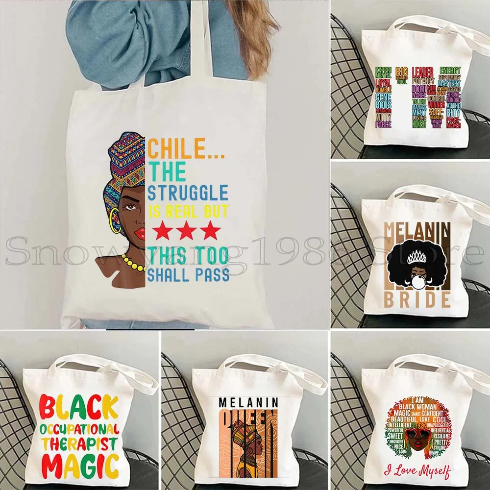 

Melanin Poppin Afro Queen Black History Gift African American Pride Women Handbag Shoulder Shopper Canvas Tote Female Luxury Bag