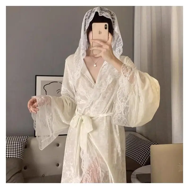 

Women's Pajama Set Fashion Homewear Robe Lace For Women Homewear Sexy Long Sleeve Autumn Winter Hooded Court Style Loose Cute