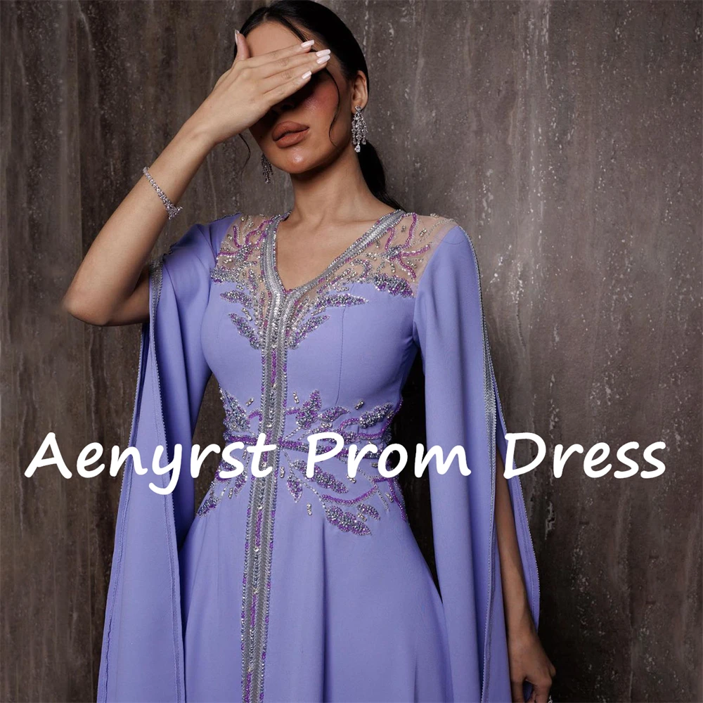 Aenyrst Purple V Neck Long Sleeves Evening Dresses For Women A Line Chiffon Beading Prom Dress Floor Length Formal Party Gowns