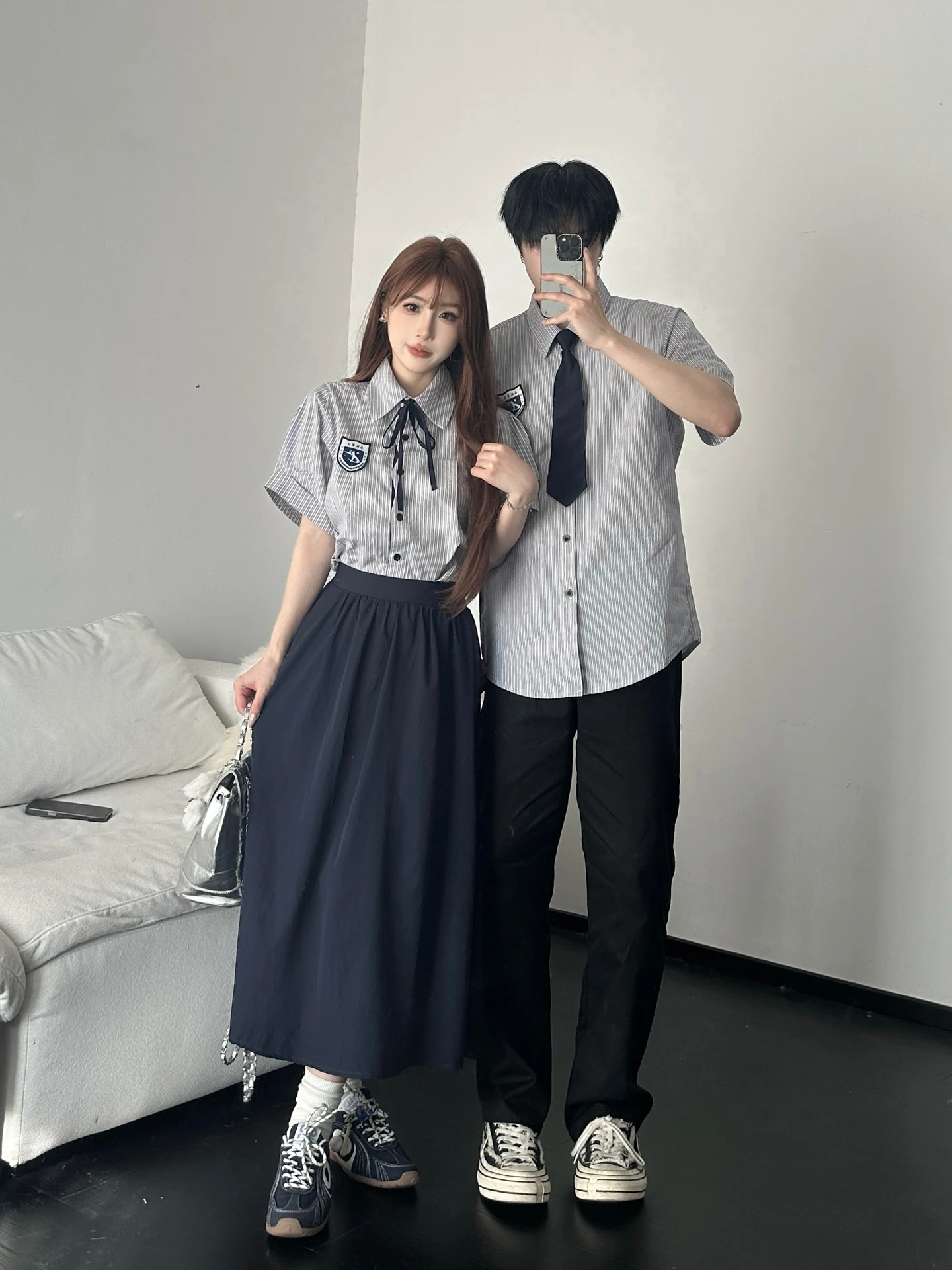 Summer Short Sleeve Striped Shirt Couple Outfit Graduation Chorus Performance Ensemble College Style Breathable Skin-Friendly