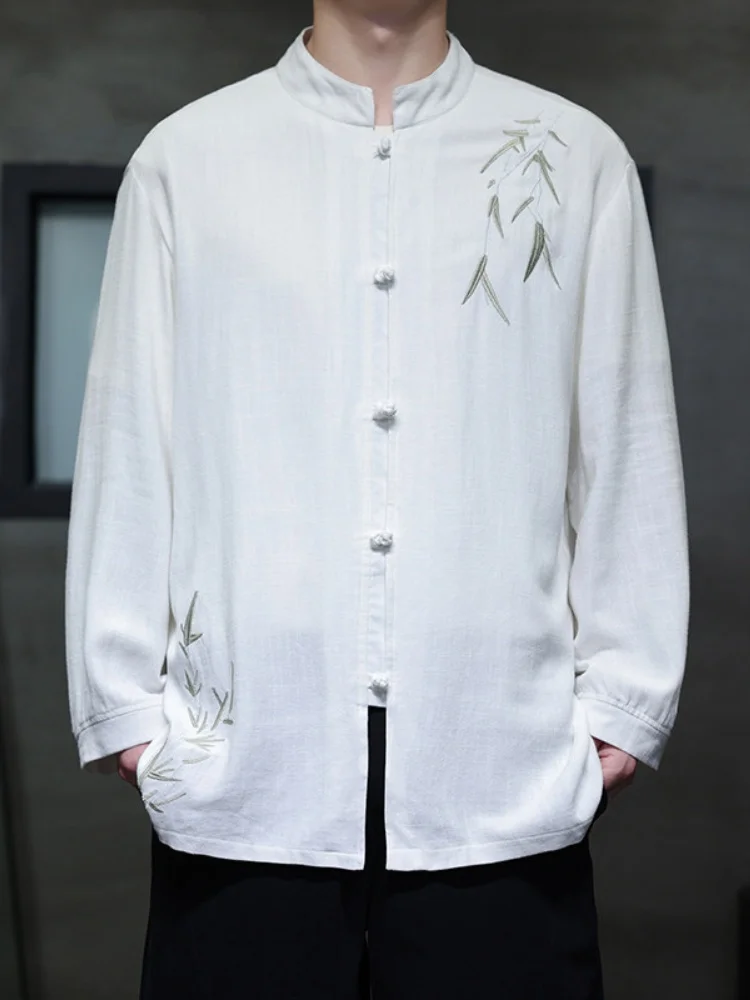 

New 2024 Men's Long Sleeve Linen Shirt Embroidered Fashionable Reformed Hanfu Spring Autumn Winter Seasonal Wear Iron-Free Shirt
