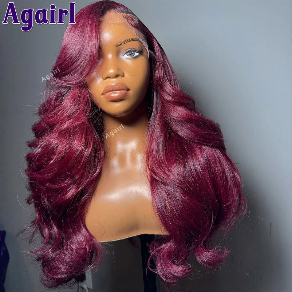 Burgundy Red 13x6 13x4 Lace Front Wig Human Hair Colored Body Wave Wigs For Women Transparent 6X4 Lace Closure Wigs 200 Density