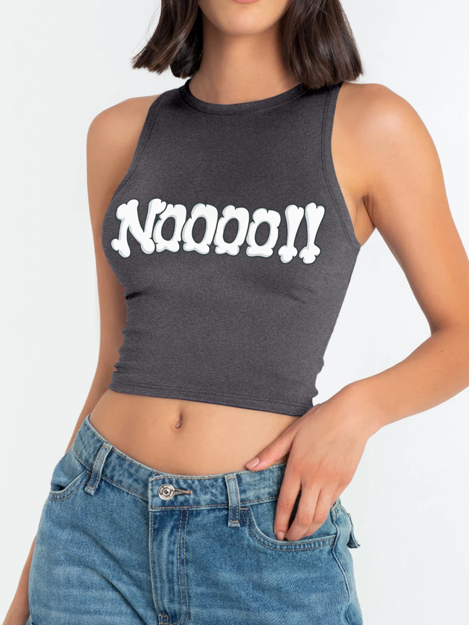 Mulheres, não! Camiseta Cropped com Estampa de Slogan, Fonte Bubble, Sem Mangas, Slim, Camisola Divertida, Estilo Casual Streetwear