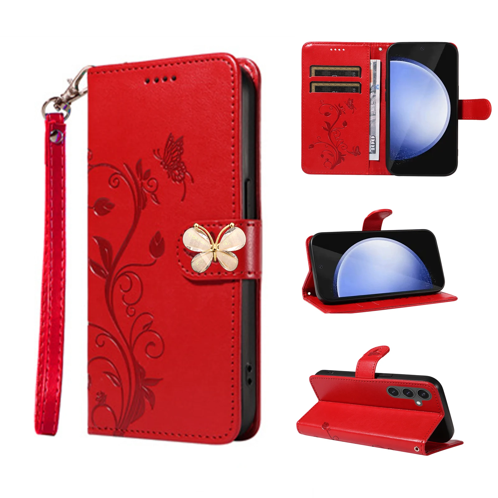 Flip Case for Samsung Galaxy Wide 7 6 5 A Quantum6 4 Buddy5 3 Jean 2 Jump 5G Butterfly Leather Lanyard 3 Cards Wallet Cover