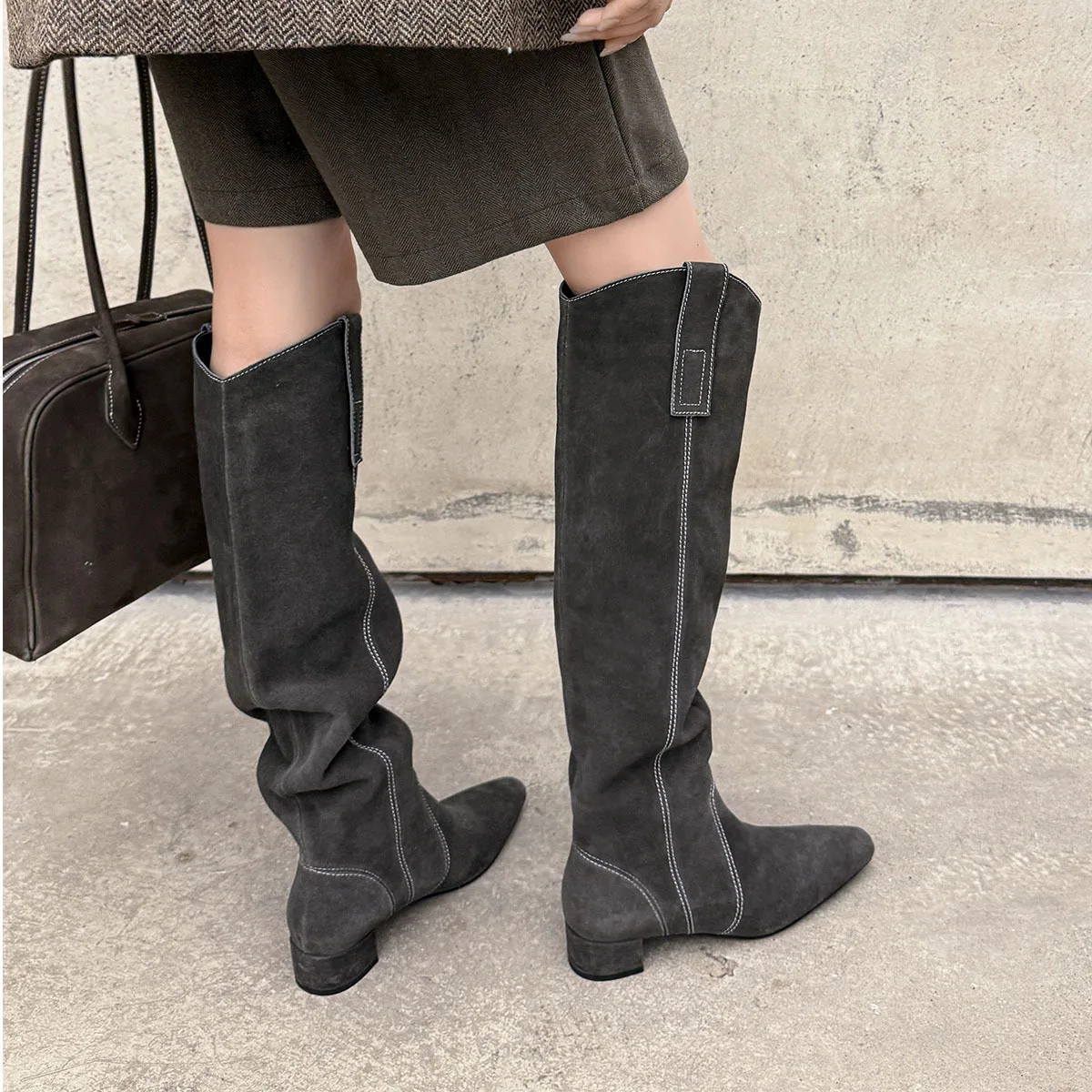 Arden Furtado Cow suede Pleated Knee high boots Square toe Slip-on Middle heel Modern boots simple style Women's Boots