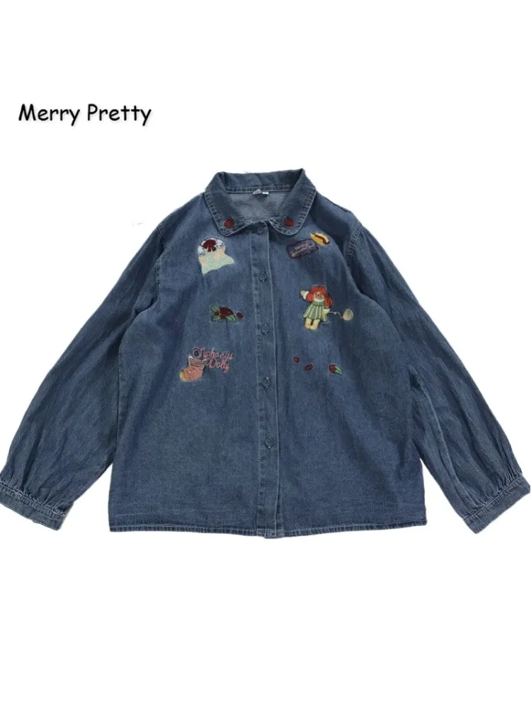 Women's Denim Top And Blouses Cartoon Embroidery Jeans Blouse 2024 Spring Sweet Style Girls Long Sleeve Shirt MERRY PRETTY