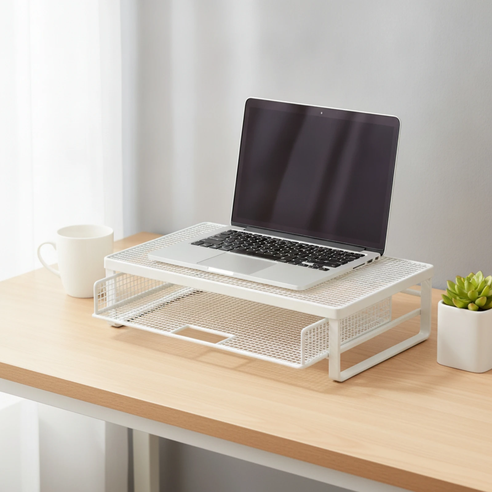 Mesh Laptop Stand with Keyboard Shelf Ergonomic Laptop Stand with Side Drawer 50 Cm Metal Desk Riser Sturdy Stable