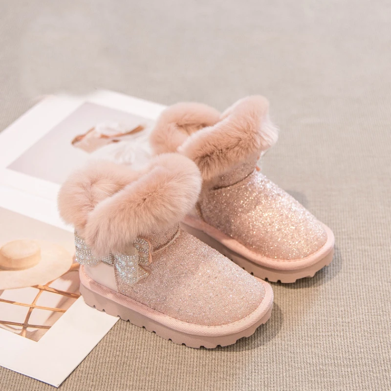 Children Shoe Girl Snow Boot Winter New Boots Bow Princess Cotton Shoe Thickened Casual Boot Flat Bottomed Bare Boot Botas Niña