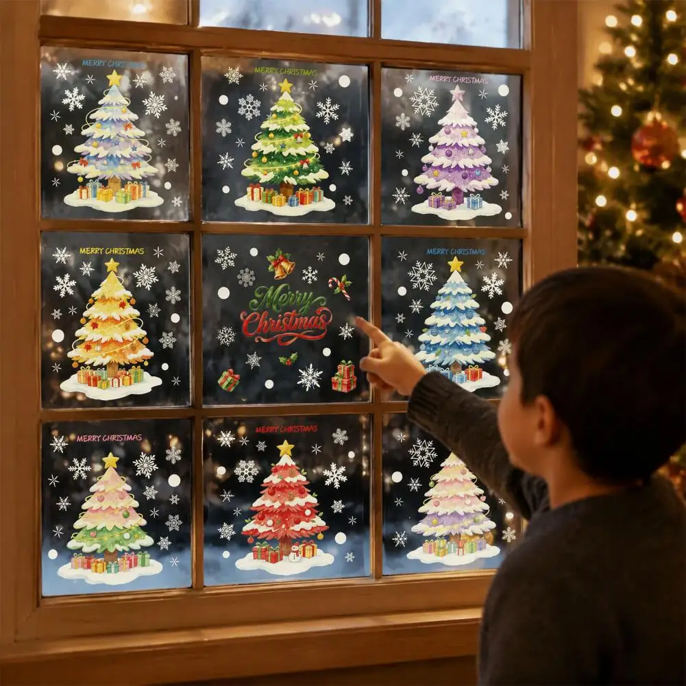 9Pcs Macaron Christmas Tree Static Window Clings Snowflake Gift Christmas Glass Stickers Reusable Window Decals for Home Shop