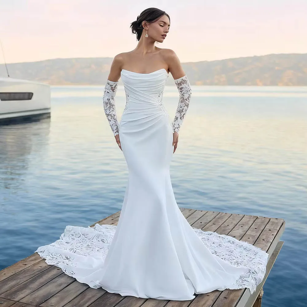 Customized Strapless Removable Wedding Dress For Woman Bride Lace Sleeves Mermaid Satin Button Back Floor Length  Bridal Gown
