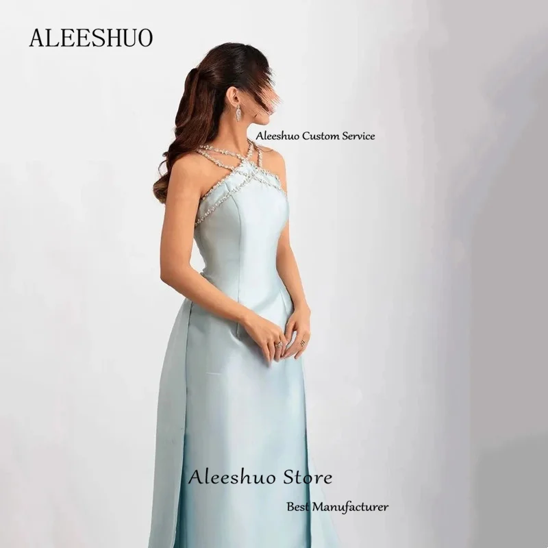 Aleeshuo Elegant Sleeveless Prom Dresses Satin Straight Halter Evening Dress Pleat Beading Crystal Formal Occasions Vestido 2024