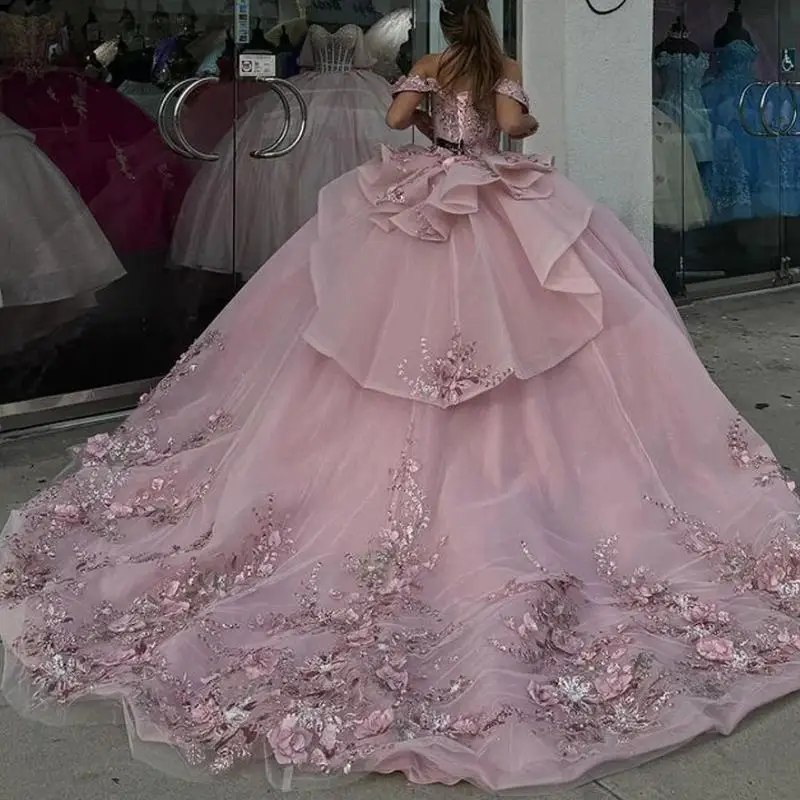 Urocza luksusowe światło różowe suknie balowe suknia balowa z odkrytymi ramionami kwiat kryształowy imprezowy formalny vestido de 15 años quinceanera 2024