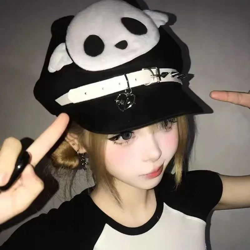 

Japanese Harajuku Lolita Beret Hat Kawaii Culture Panda Patchwork Hats Cosplay Handmade Orange Design Subculture Caps