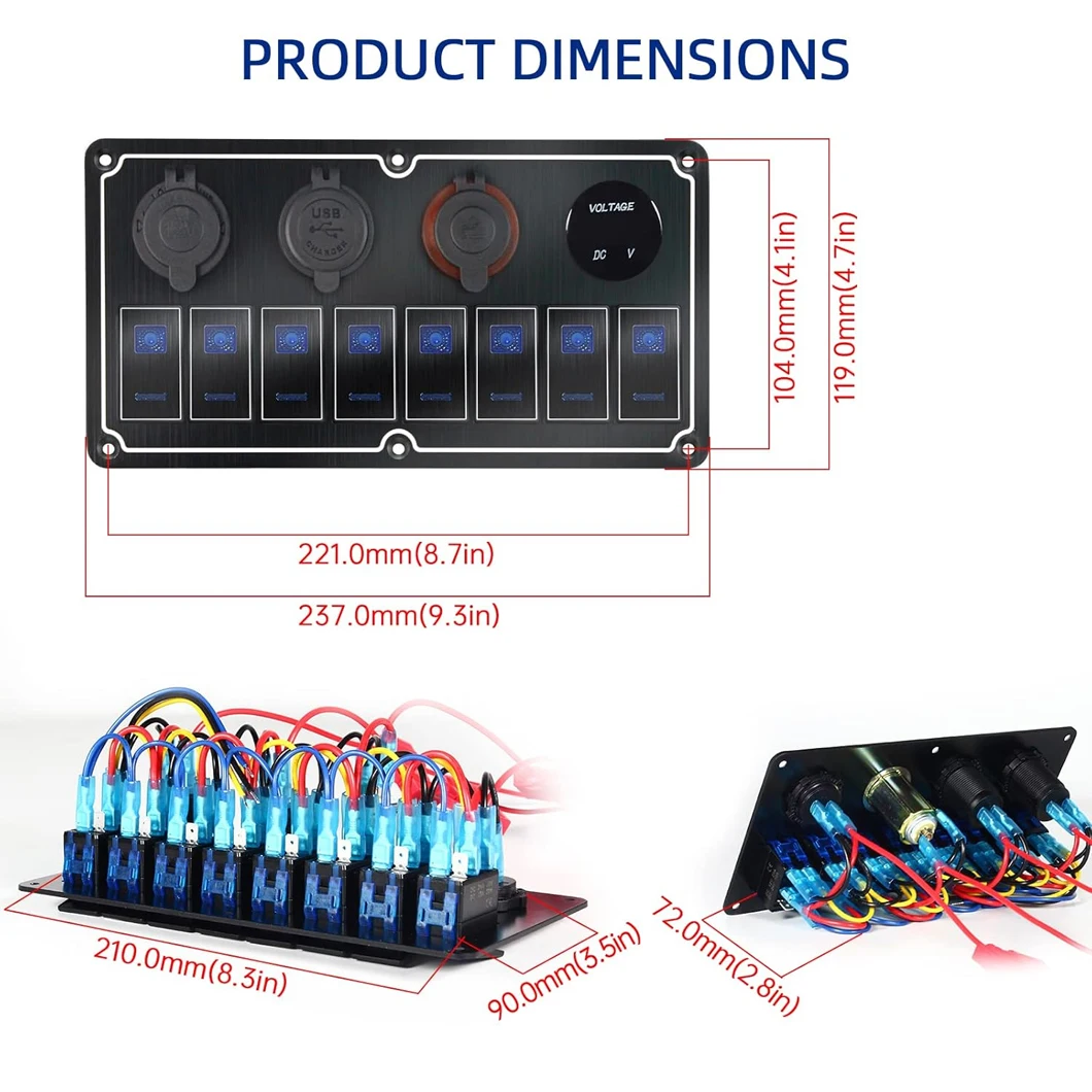 ABILKEEN 8 Gang Multifunctional Rocker Push Button Panel Dual LED Light Rocker+Car Charger+Voltmeter+Cigarette Lighter Socket