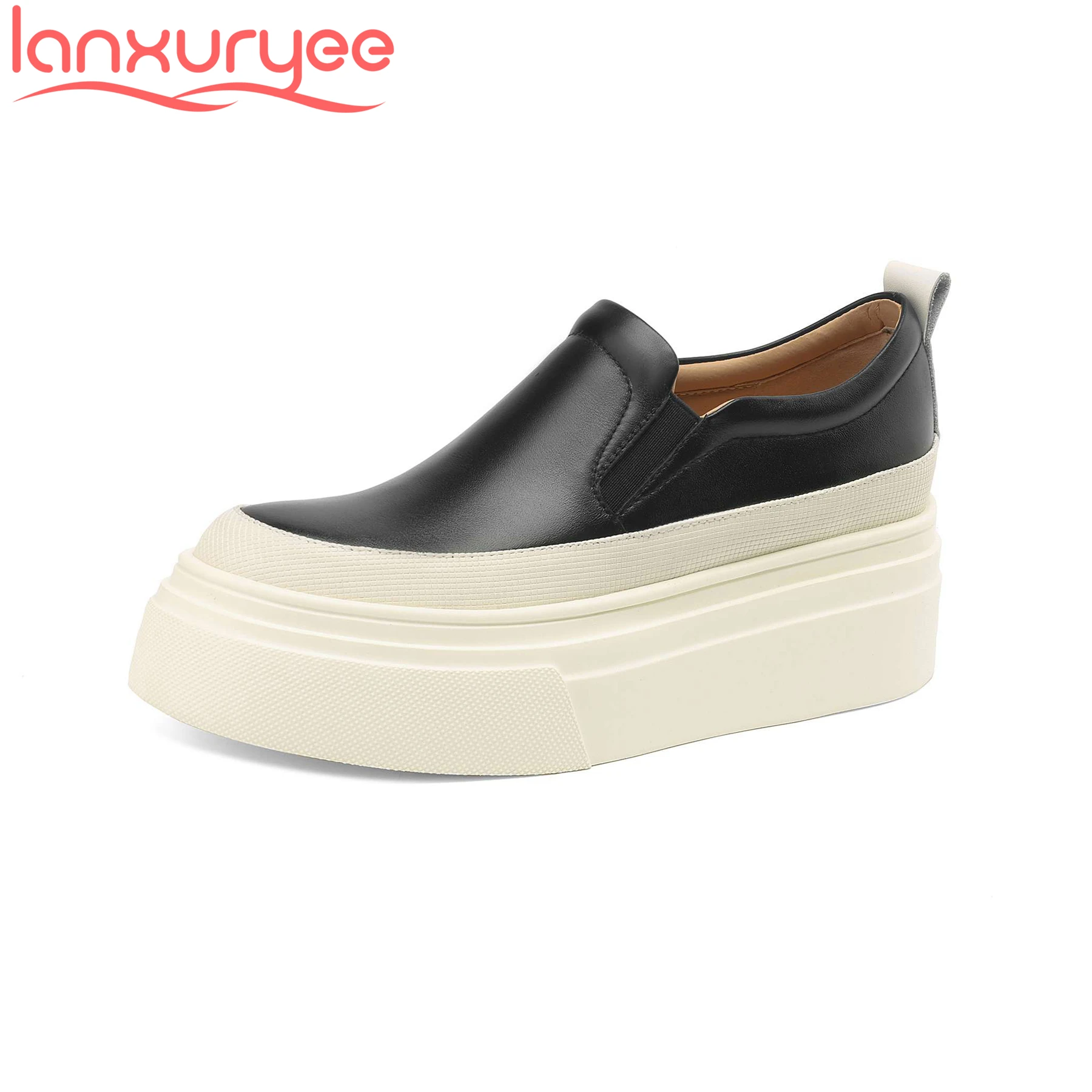 

Lanxuryee Cow Leather High Heels Thick Bottom Leisure Spring Women Vulcanized Shoes Increasing Loafers Concise Luxury Sneakers