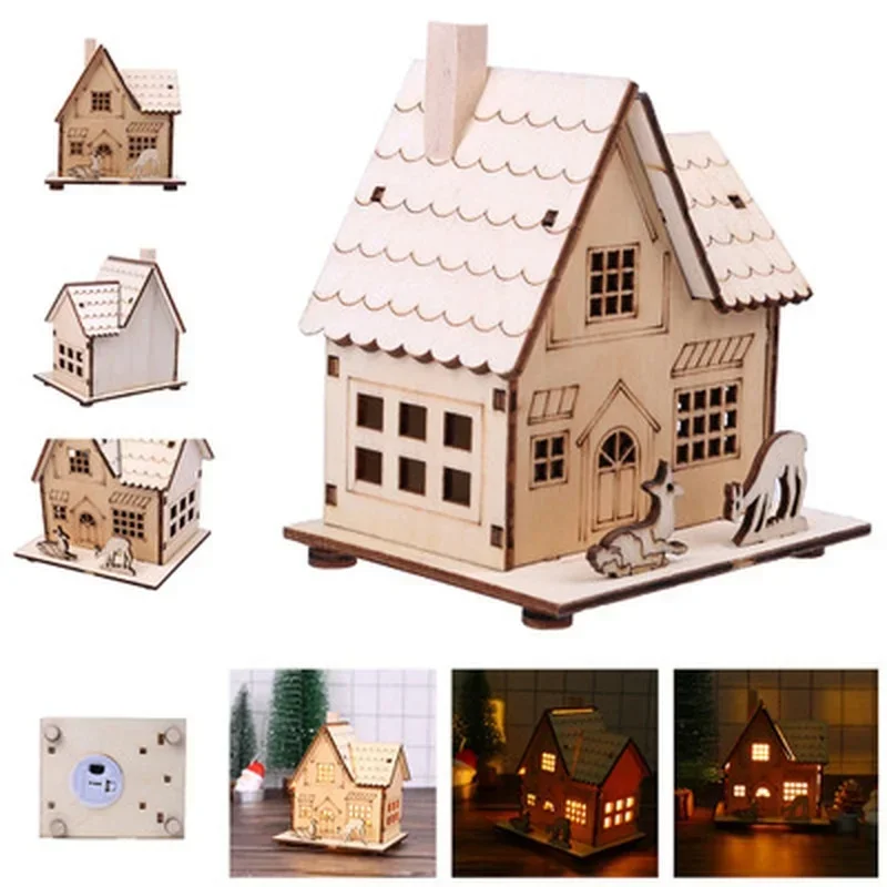 Christmas LED Wooden House Ornament Lighted Cabin Decor For Tree Home Window Tabletop Decoration DIY Holiday Gift