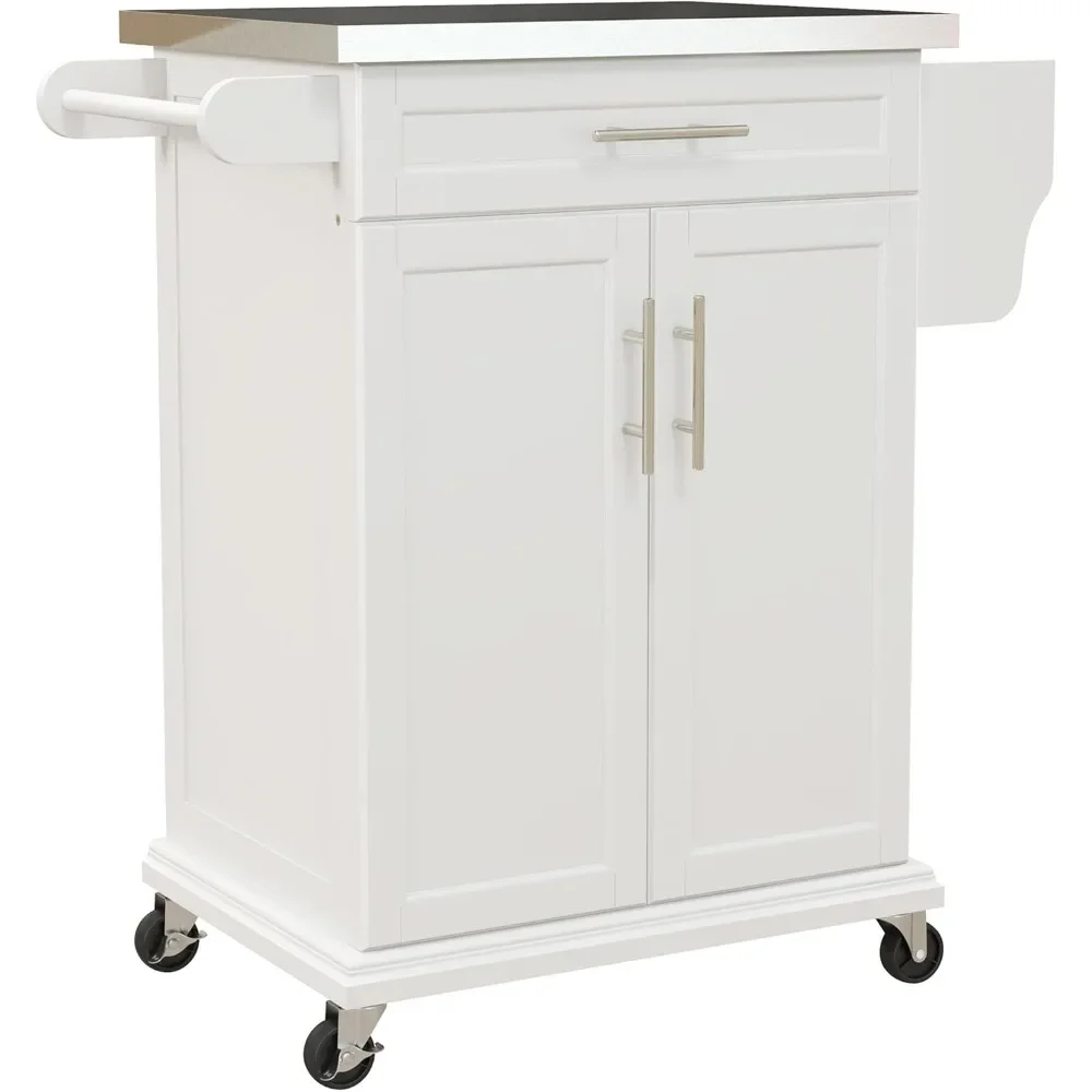 Kitchen Island on Wheels, Rolling Kitchen Cart with Stainless Steel Countertop, Drawer, Towel Rack and Spice Rack