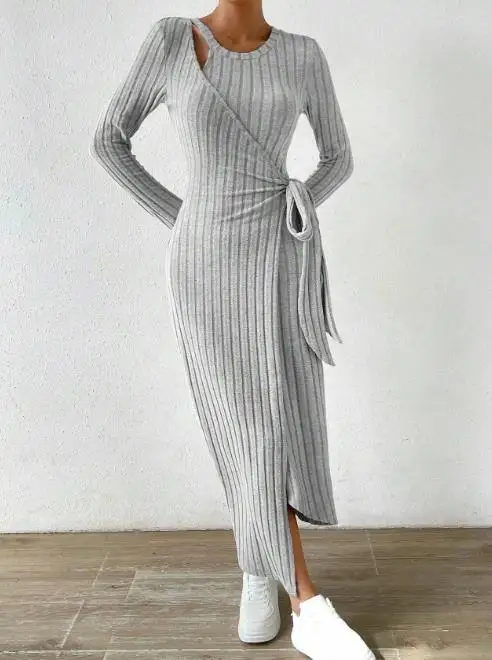 

Spring Autumn Fashion Personality Style Solid Color Round Neck Fake Two-Piece Splicing Design Lace Up Knitted Hip Hugging Dress