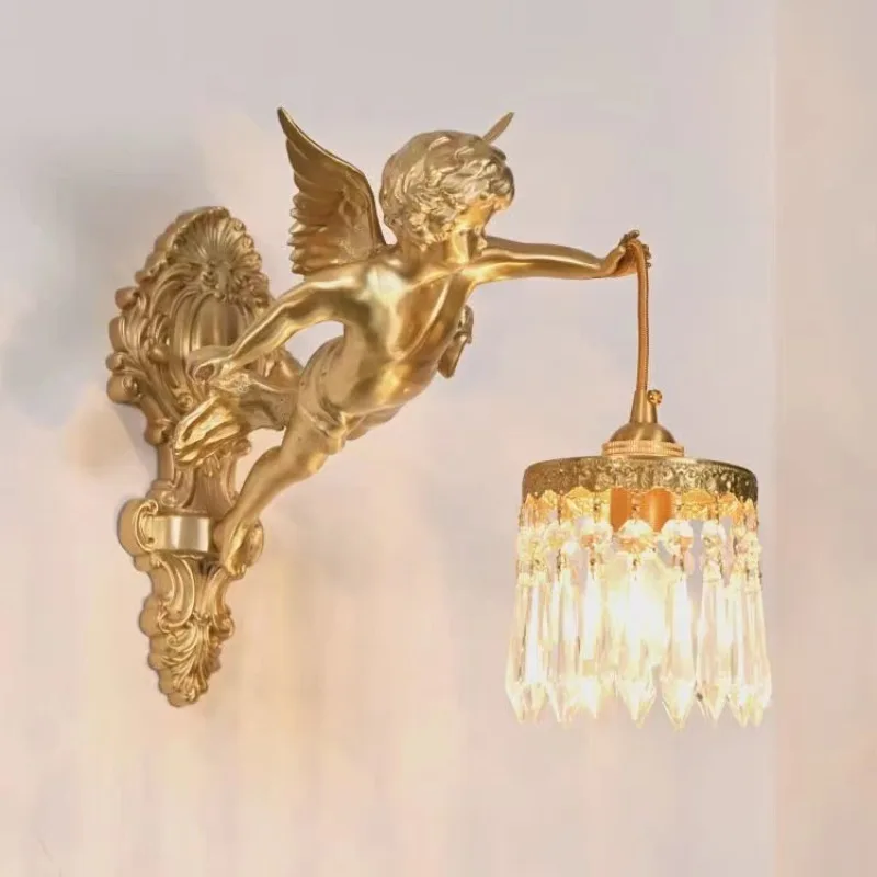 French Luxury All Copper Angel LED Wall Lamps Diamond Crystal Lights Living Room Bedroom Restaurant Corridor Atmosphere Sconces