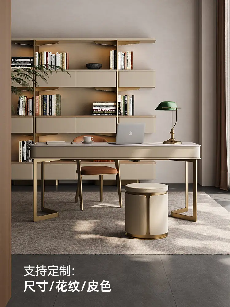 

PYJ light luxury natural marble desk and chair home modern simple stainless steel desk