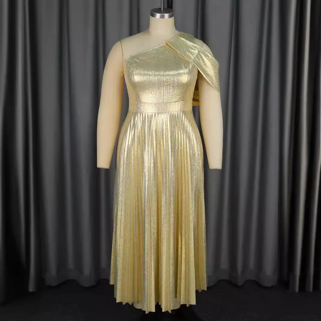 AM040323 Summer New Elegant One Shoulder Sleeveless Dress Banquet Master Gold Pleated Dress