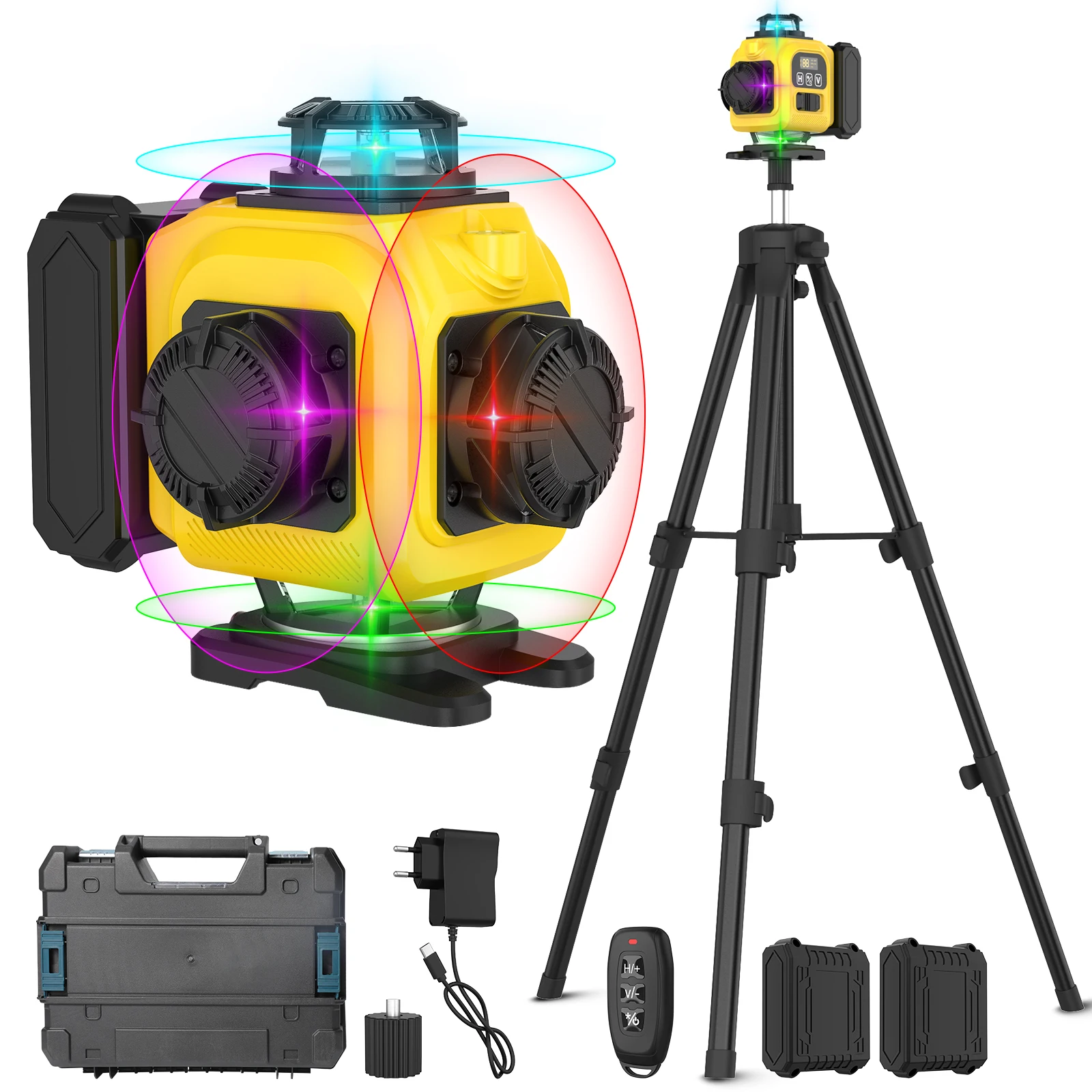 Controllo livello laser 4D a 16 linee Verde Verde Viola Blu 4 colori Fascio 360 °   Livello laser a linee potenti orizzontali e verticali