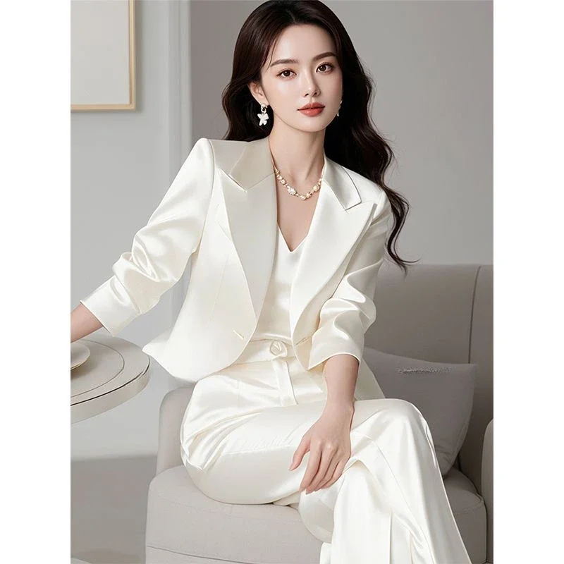 

Autumn Women Casual Long Pants 2pcs Set Long Sleeve One button White Blazer + Suit pant Lady Office Outfit two-piece suit 2025