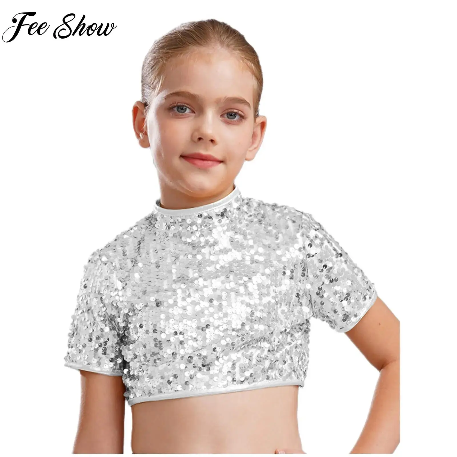 

Children Short Sleeve Jazz Dance Costume Kids Shiny Sequins Crop Top Teen Girls Performance Cheerleading Dance Costume Dancewear