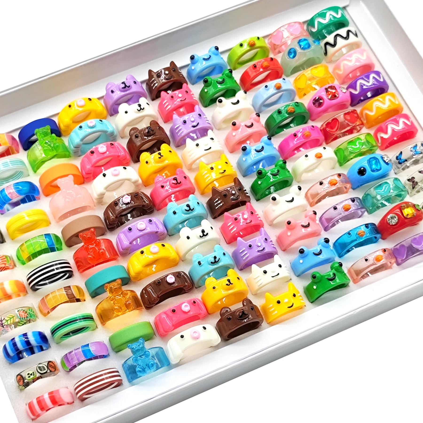 20pcs/Lot Mix Cute Animal Cartoon Crystal Resin Rings For Women Children Fashion Sweet Smile Cat Frog Charm Party Gift Jewelry