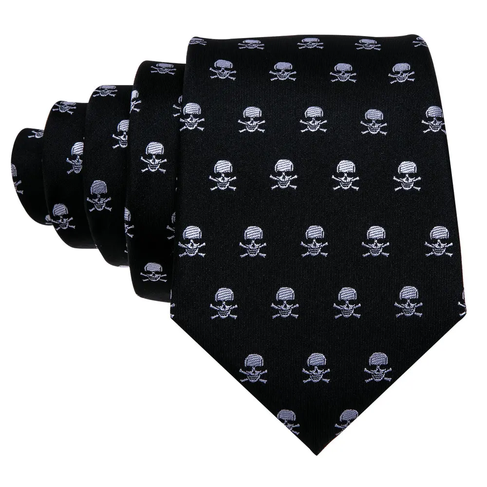 Black Skull Pattern Men Tie High Quality Silk Woven Pocket Square Cufflinks Sets Business Party Gifts Barry.Wang Designer 5326