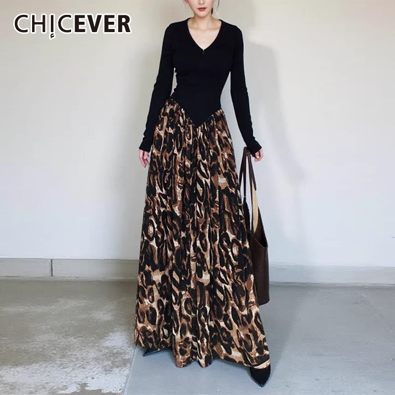 CHICEVER Hit Color Leopard Print Women\'s Puffy Dress V Neck Long Sleeve Patchwork Folds A Line Casual Holiday Dresses Female New