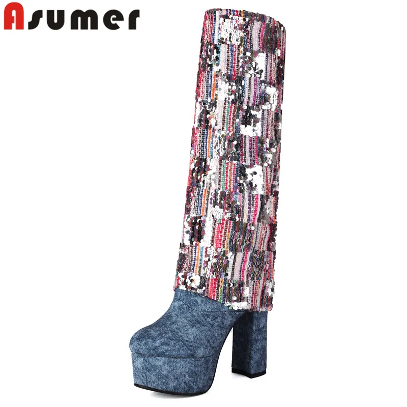 

ASUMER 2023 Size 35-43 New Synthetic Platform Knee High Boots Female Mixed Colors Winter Boots Thick High Heels Women Boots