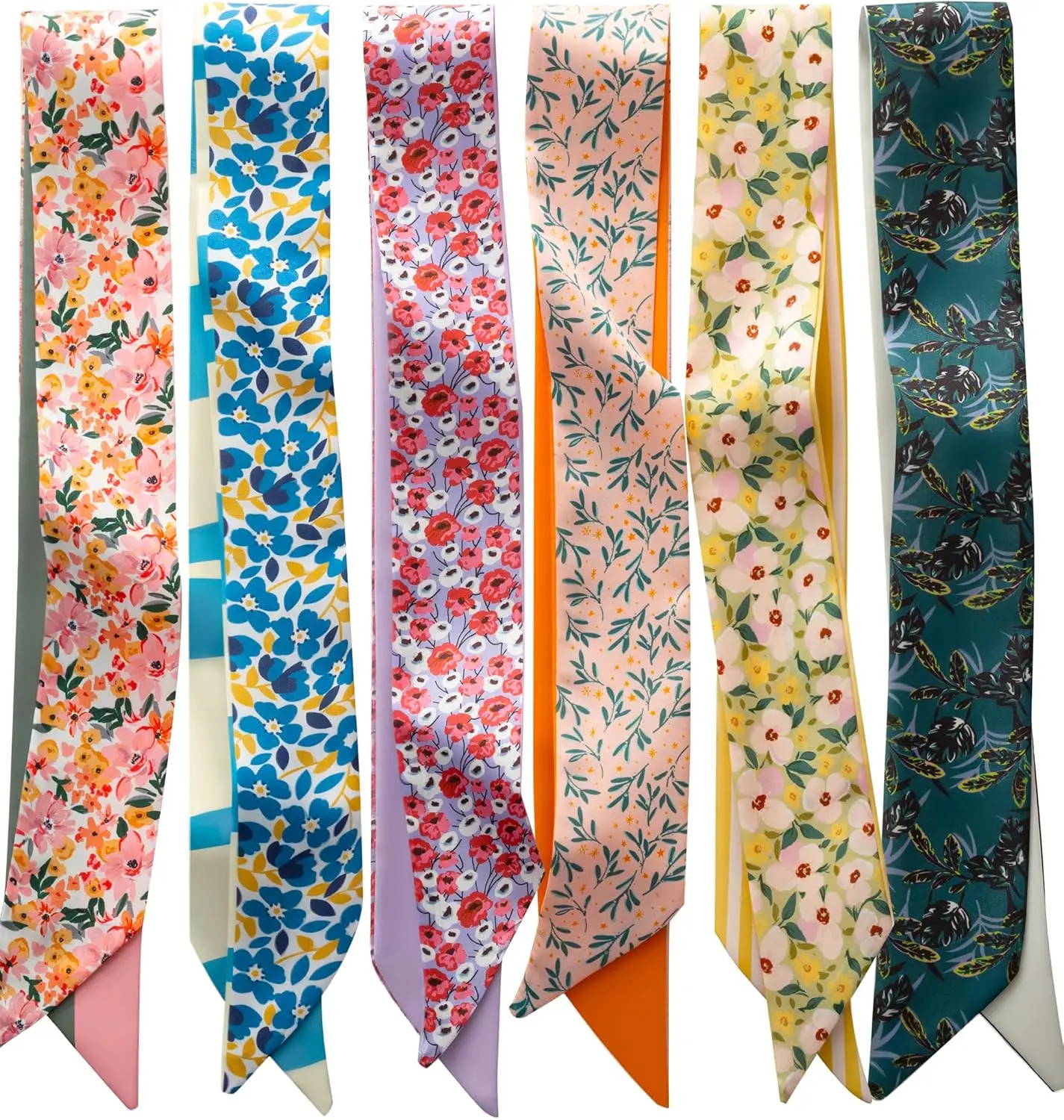 

6 Pack Fashion Scarves for Women, Versatile Boho Head Scarf, Satin Scarf for Hair, Neck, Wrist, and Purse Accessories