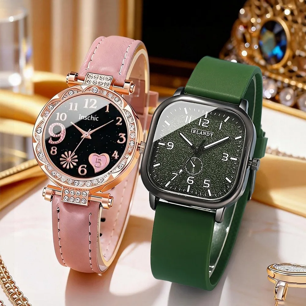 2pcs Watch Set, Pink Round Leather Women's Watch + Square Silicone Watch - Quartz Movement, Fashion Wristwatch, Perfect Gift