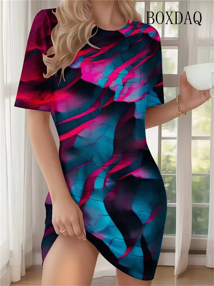 Tie Dye Abstract Gradient Striped Print Dresses For Women 2026 Summer Clothing Casual Short Sleeve Loose Dress