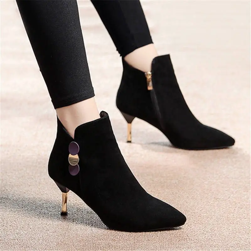 Autumn Winter Black Warm Booties Pointed Toe Heeled Ankle Boots for Women Comfortable and Elegant Woman Short Shoes on Promotion
