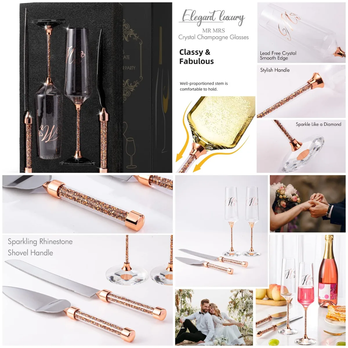 

Свадебные флейты для шампанского и набор ножей для торта, бокалы для шампанского «Мистер и миссис» из розового золота для тостов жениха и невесты